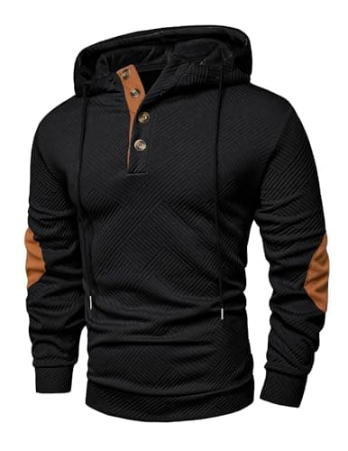 JMIERR Hoodies for men Casual Cotton Textured Long Sleeve Quarter Collar Drawstring Button Early Fall Fashion Pullover Hooded Fall Sweatshirts, S, Black - Image 1