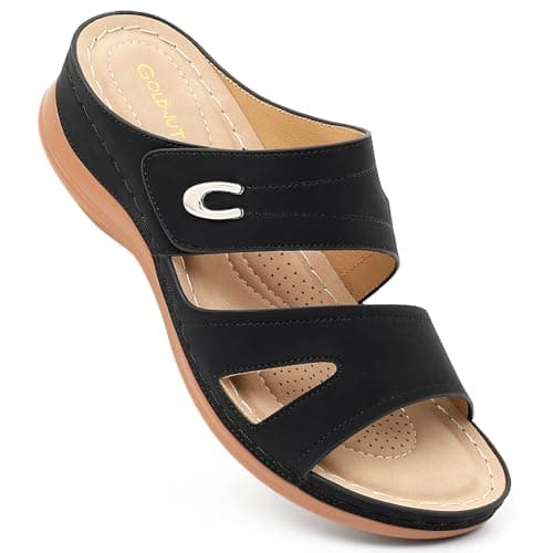 Goldnut Womens Slides Arch Support, Black Comfortable Slip On Wedge Sandals With Adjustable Straps for Summer Casual Walking SlippersSize 6 - Image 1
