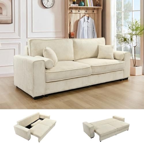 RENDGO 91" Corduroy Queen Size Sleeper Sofa with Pull Out Bed - Modern Convertible Loveseat Sleeper Couch with Storage and Armrest Pillows for Living Room, Apartment (Beige) - Image 1