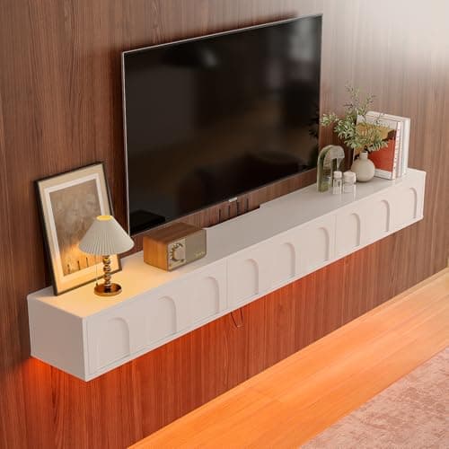 FurniNova Fully Assembled Floating TV Stand with 3 Arc-Shaped Doors,Plywood Wall Mounted Media Console,94 Inch Modern Entertainment Center with Cable Management for Living Room Bedroom,Cream White - Image 1