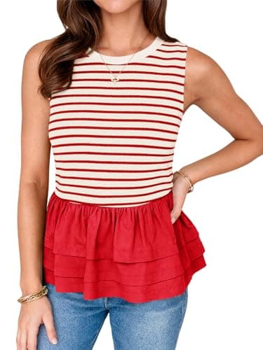 Tankaneo Womens Summer Striped Peplum Tank Tops Casual Crew Neck Sleeveless Shirts Color Block Loose Fit Ruffle Blouse Red - Image 1