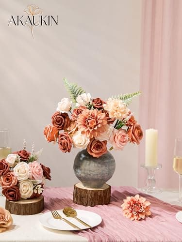 Terracotta Artificial Flowers Burnt Orange Flowers Combo Box Set with Fake Dahlias Roses Peonies Greenery for Wedding Bouquets Bridal Shower Centerpieces DIY Home Decor Baby Shower Thanksgiving Table - Thumbnail 2