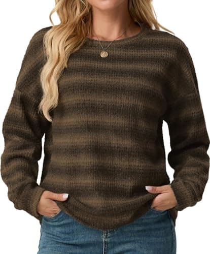 IWOLLENCE Women's Lightweight Waffle Knit Striped Long Sleeve Tops Crewneck Going Out Preppy Shirts Seniors Casual Loose Fall Sweaters Blouse 2025 Grey Coffee, 2XL - Image 1