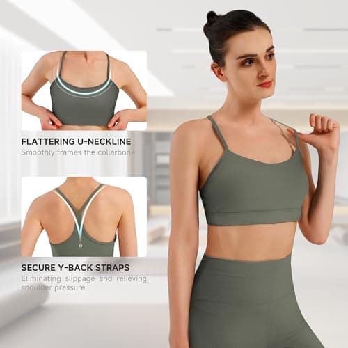 MXYMXY Women’s Buttery Soft Yoga Bras, Y-Back Strappy Sports Bra with Removable Pads, Lightweight Low Impact Lounge Pilates Top Sage Green - Thumbnail 3