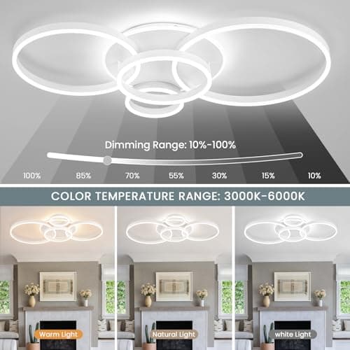 Modern LED Ceiling Light White Flush Mount Ceiling Light Dimmable Dining Room Light Fixtures with Remote 5 Rings Acrylic Kitchen Lighting Fixtures Ceiling Lamp for Living Room Bedroom (White, 5 Rings) - Thumbnail 3