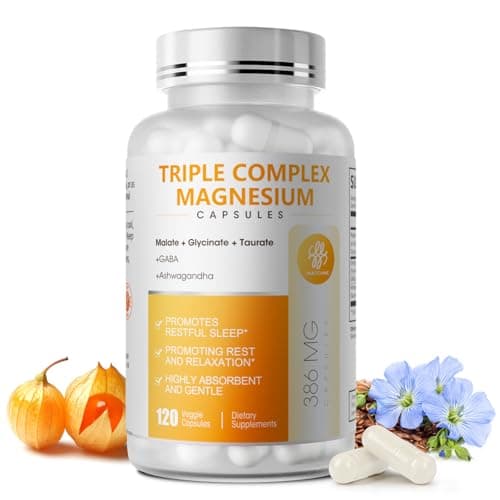 Triple Magnesium Complex - Magnesium Glycinate, Taurate & Malate Supplement with Omega3, Ashwagandha, GABA for Sleep, Brain Heart & Muscle Support - High Absorption and Gentle, Vegan, 120 Capsules - Image 1