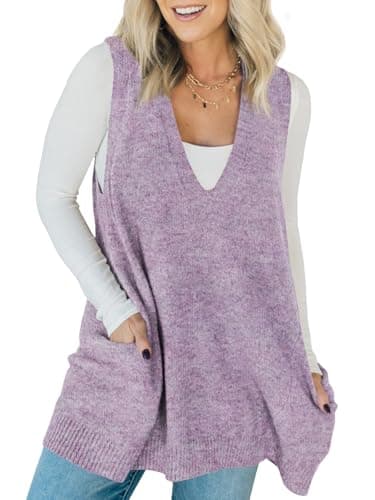 Saodimallsu Womens Sleeveless Sweater Vest V Neck Loose Knit Casual A Line Flattering Tunic Top with Pockets Purple - Image 1