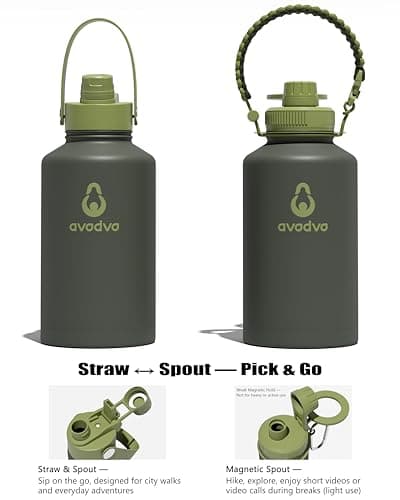 avodvo 64 oz Water Bottle with 2 Lids (2-in-1 Straw & Spout Lid, Magnetic Lid), Insulated Water Bottle with Strap, Stainless Steel Water Bottle for Hiking, Gym, Travel, BPA-Free, Army Green - Thumbnail 3