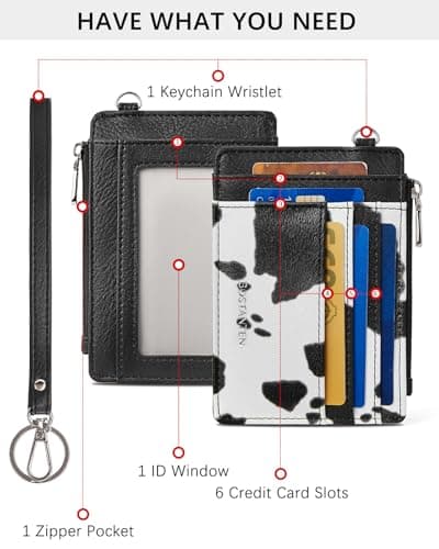 BOSTANTEN Small Wallet For Women RFID Leather Credit Card Holder Slim Wristlet Keychain Wallet With Zipper Pocket White Cow Print - Thumbnail 2