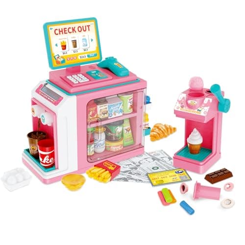 FS Kids Pretend Play Store Set with Toy Cash Register for Kids, 45 Piece Accessories Grocery Store Playset with Scanner, Food & Play Money & Ice Cream Maker for 3+ Kids 5-8 Girls, Pink - Image 1