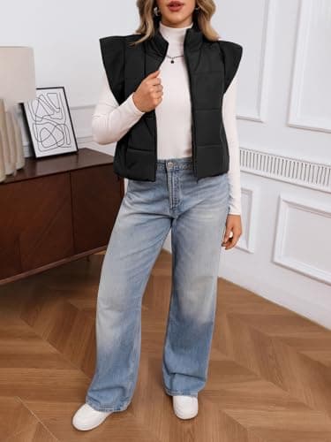 Tankaneo Womens Cropped Puffer Vest Cap Sleeve Zip Up Puffy Qulited Jacket Stand Collar Padded Gilet Coat Winter Outerwear - Thumbnail 6
