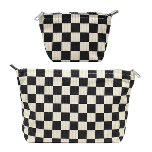 fahombag 2 Pcs Checkered Makeup Bag Set Corduroy Cosmetic Pouch for Women Large & Small Cute Preppy Aesthetic Black And White Travel Toiletry Pouch Organizer for Purse Skincare Brushes - Image 1