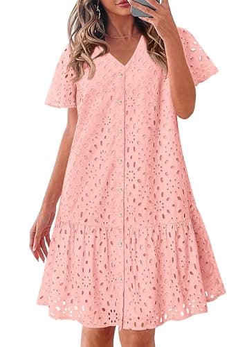 KIRUNDO Eyelet Dresses for Women 2026 Spring Summer Short Sleeve Button Down Loose Mini Babydoll Dress Beach Vacation Clothes(Pink, X-Large) - Image 1