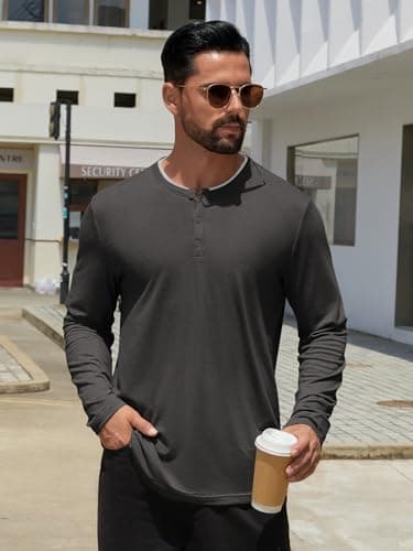 Hardaddy Men's Long Sleeve Henley Shirts Casual Color Block Henley Button T-Shirt Tops Black M - Thumbnail 3