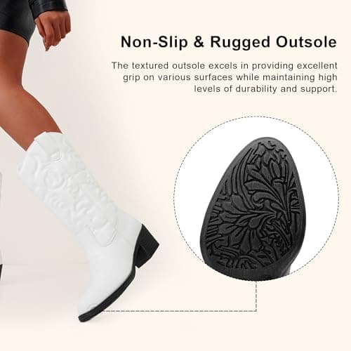 Vepose Women's Cowboy Boots Western Cowgirl Round Toe Mid Calf Boots,White,Size 7.5M US(CJY9801 White 07.5) - Thumbnail 5