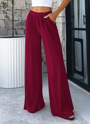 BTFBM Palazzo Pants for Women 2026 Spring Summer Casual Lounge Pants High Waist Flowy Trousers Baggy Wide Leg Pants(Burgundy, XX-Large) - Thumbnail 3