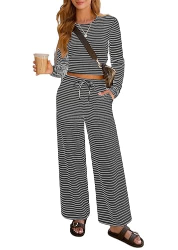 Lazysmile Lounge Sets For Women Casual Striped 2 Piece Outfits Long Sleeve Tops and Wide Leg Pants Loungewear Pajama Set - Image 1