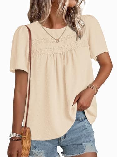 NORACORA Womens Summer Tops Crewneck Short Sleeve Shirts Casual Chiffon Boho Babydoll Blouses Flowy Lace Hem Apricot Clothing Trendy 2026 Apricot XXL - Image 1