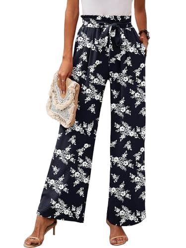 Heymoments Women's Wide Leg Lounge Pants with Pockets White Flower Navy Medium Lightweight High Waisted Adjustable Tie Knot Loose Comfy Casual Trousers - Image 1