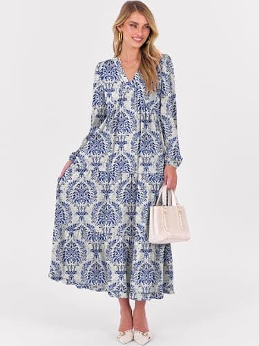 ANRABESS Womens Long Sleeve Boho Maxi Dress 2026 Fall V Neck Floral Striped Casual Loose Fit Beach Vacation Dresses Blue Khaki Large - Thumbnail 3