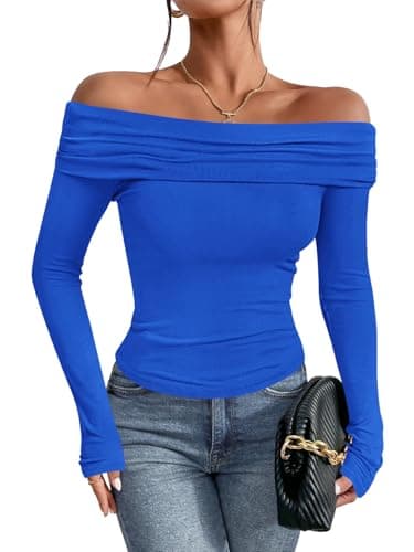 Imily Bela Womens Royal Blue Off Shoulder Top Trendy Bright Color Slim Fit Long Sleeve Y2K Going Out Top for Parties - Image 1
