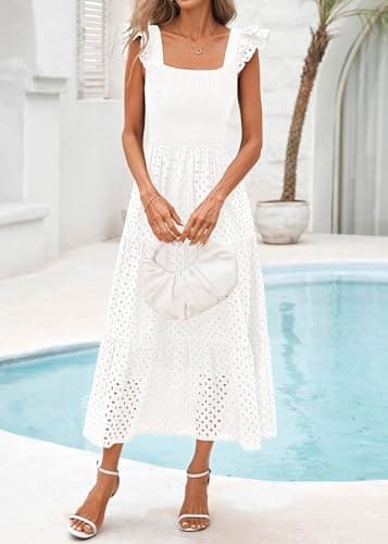 Lazysmile Womens Summer Maxi Dress Square Neck Ruffle Cap Sleeve Hollow Out Eyelet Smocked Tiered A Line Boho Sundress White - Thumbnail 5