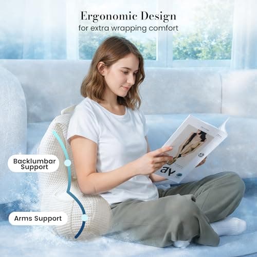 Amélie Home Premium Cooling Waffle Reading Pillow, Qmax>0.37 Ergonomic Back Support with Pocket & Handle, Breathable Lounging Pillow for Bed Sofa Floor Summer, Washable Cover, 17 Inches, Ivory - Thumbnail 3