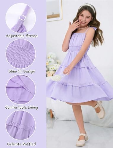 Girls Dresses Size 12-14 Teen Purple Elegant School Easter Summer Spring Sleeveless Spaghetti Strap Sundress Teenage Special Occasion Vestidos para Niñas Ruffled Tiered Graduation Formal Party Dress - Thumbnail 4