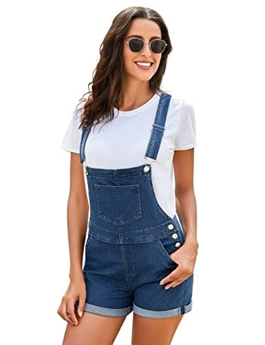 Vetinee Women's Dark Blue Classic Adjustable Straps Cuffed Hem Denim Bib Overall Shorts Medium - Thumbnail 5