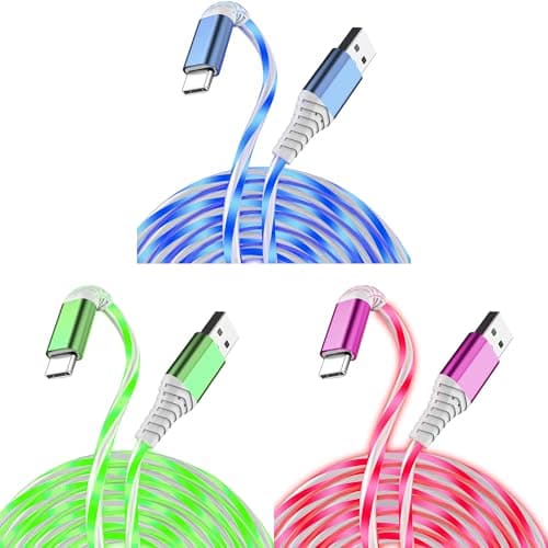 3-Pack 3.3FT USB C Charging Cables, Flowing Light Up Charger Cord, Compatible with Samsung Galaxy, iPhone 16/15, iPad, and More (Blue, Green, Pink with Red Light) - Image 1