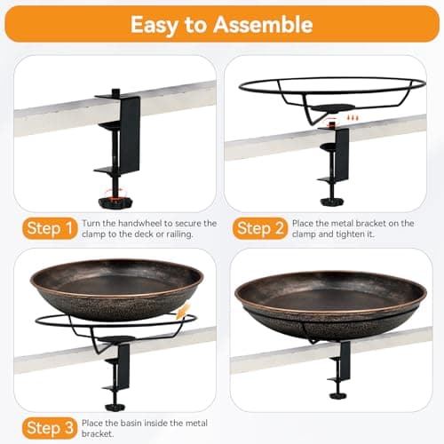OUISJYER Deck Mounted Bird Bath, Easy to Clean12 Detachable Bath Bowl, Metal Birdbath for Outside with Sturdy Adjustable Clamp for Railing Balcony Fence Outdoor Decor 0.7 Gallon - Thumbnail 4