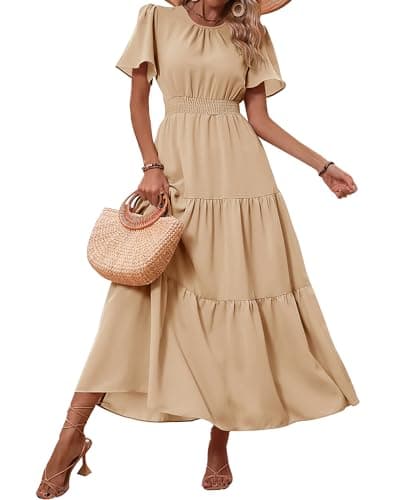 PRETTYGARDEN Women's Summer Casual Short Flutter Sleeve Round Neck Smocked Waist Tiered Boho Floral Flowy Maxi Dress(Solid Khaki,Small) - Image 1