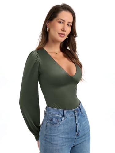PINKMSTYLE Womens Sexy Silk Plunge V Neck Bodysuit Puff Satin Long Sleeve Blouse Going Out Outfit Army Green Small - Thumbnail 3