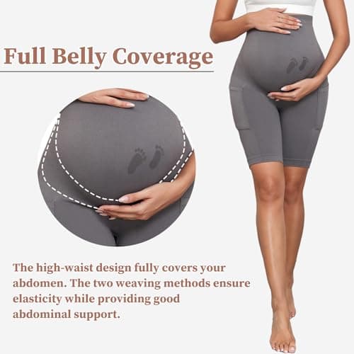 Y25D Maternity Biker Shorts with Pockets 8" Over Belly Seamless Athletic Yoga Workout Running Lounge Shorts - Thumbnail 3