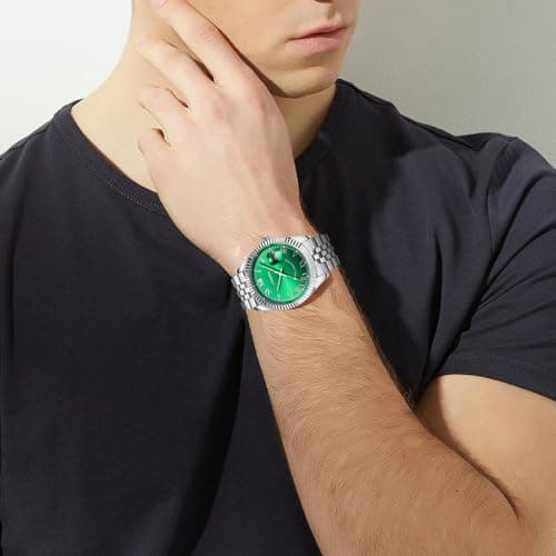 SINOBI Men's Luminous Hand Calendar Date Quartz Watch Classic Stainless Steel Watches for Men (Silver-Green) - Thumbnail 5