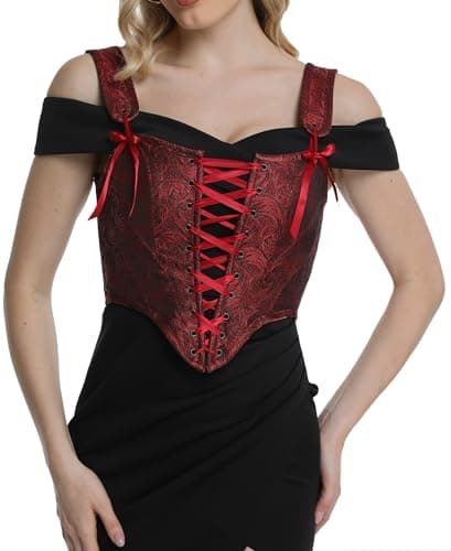 Grodress Renaissance Corset Vest Tops for Women Red Linen Overbust Bustier Bodice Sleeveless Drawstring Crop for Valentine's Day - Image 1