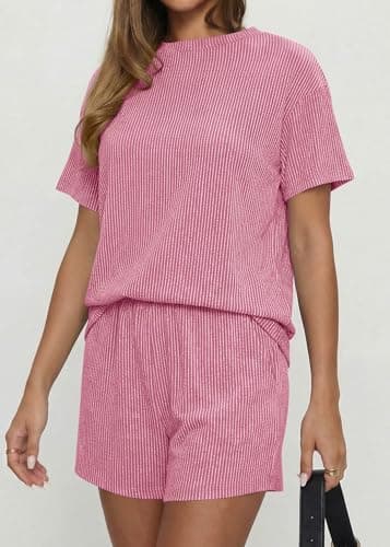 KIRUNDO Two Piece Sets for Women Dressy Casual Ribbed Knit Short Sleeve Top Matching Shorts Lounge Set 2026 Summer Outfits(Pink, Large) - Thumbnail 6