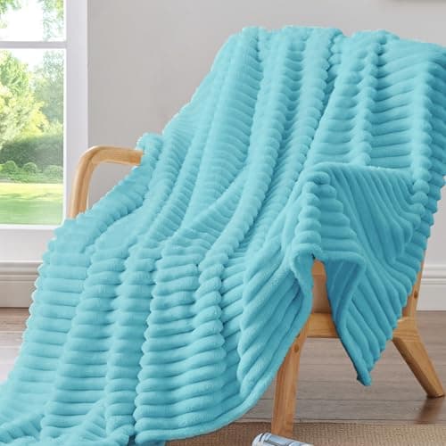 BEDELITE Fleece Throw Blanket for Couch - 300GSM Soft & Warm Fluffy Sky Blue Blanket, Decorative and Giftable Striped Blankets for Women, Men, 50"x60" - Image 1
