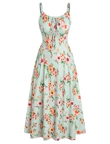 ZAFUL Women Summer Floral Midi Dress Corset Smocked Flowy A Line Sundress Wedding Guest Dresses with Pockets Light Green L - Image 1