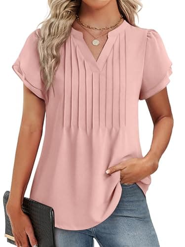 Funlingo Short Sleeve Blouses for Women Dressy Casual Spring Tops Loose Fitting V Neck Elegant Pleated Shirts for Business Work Pink M - Image 1