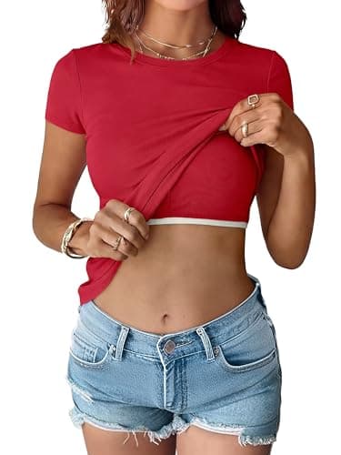 ANRABESS Womens Short Sleeve Tops Built in Bra 2026 Summer T Shirts Slim Fitted Going Out Y2K Basic Tee Vacation Clothes Red Small - Image 1