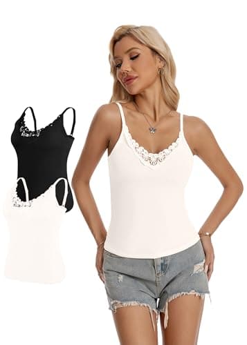 LuneNuelle Women Camisole Tank Top - Adjustable Spaghetti Strap Lace V Neck Slim Fit Casual Basic Sexy Cami Undershirt 2 Pack,Black,White-XL,2026 - Image 1