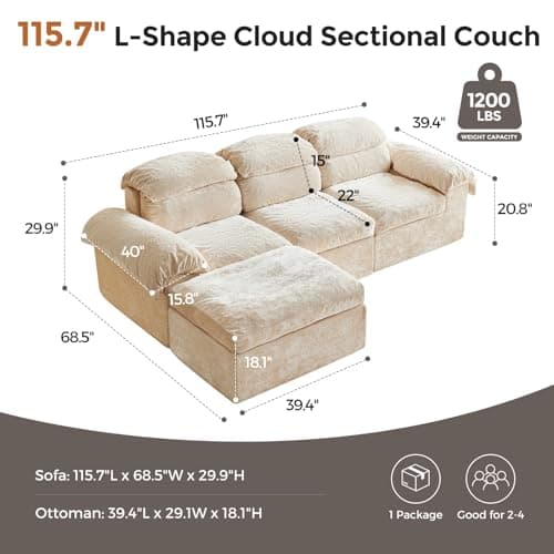 Ayovoch Boneless Couch, L Shaped Cloud Couches for Living Room, Comfy Fluffy Modular Sectional Sofa, Deep Seat Memory Foam Lounger with Left Facing Chaise, Free Combination, Beige - Thumbnail 2
