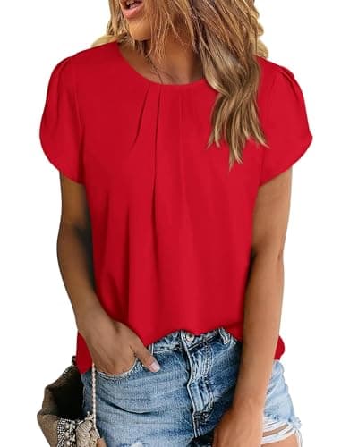 PRETTYGARDEN Women's Tops 2025 Casual Summer Round Neck Short Sleeve Basic Pleated Loose Fit Blouses Plain Tunic Shirts(Red,Large) - Image 1