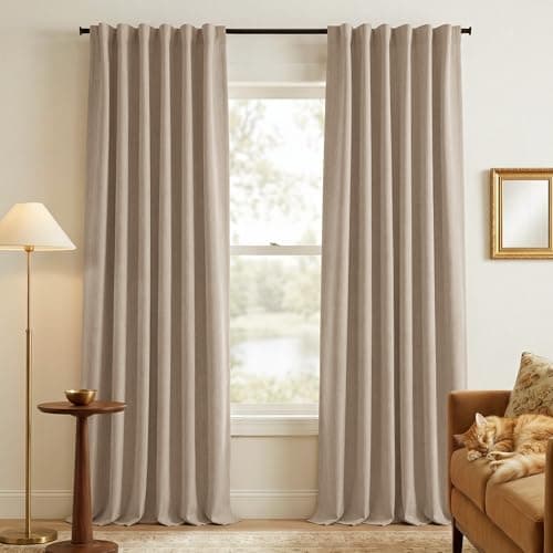 NICETOWN Scratch-Proof 100% Blackout Living Room Curtains, High-Density Linen Blend Window Treatments Rod Pocket & Back Tab Thermal Drapes for Bedroom, Sand, W52 x L96, 2 Panels - Image 1