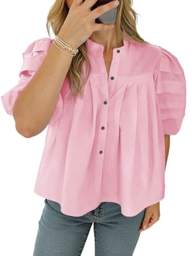 Tankaneo Womens Puff Short Sleeve Button Down Shirts Cotton Pleated Babydoll Blouses Trendy Casual Loose Fit Tops Light Pink - Image 1
