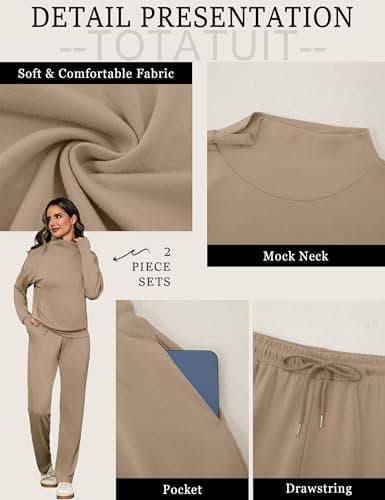 Totatuit Womens Casual Sweatsuit Two Piece Lounge Set Winter High Neck Pullover Long Sleeve Tracksuit Fall Outfits Warm Office Wear light Khaki M - Thumbnail 5
