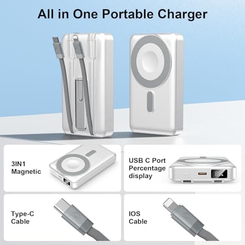 for Magsafe Portable Charger, 12000mAh 22.5W Fast Charging Power Bank with Built-in 2 Cables, 3-in-1 Magnetic Battery Pack with LED Display & Foldable Stand for iPhone 17/16/15/14/13 AirPods & iWatch - Thumbnail 2