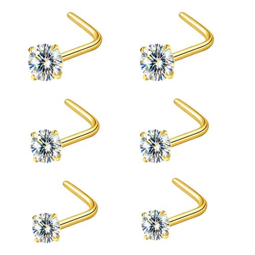 hooppoo Hypoallergenic G23 Titanium Nose Studs with Moissanite | Tiny Screw/L-Shape Straight Bar Piercing Jewelry | 6-Piece Set in 2mm, 2.5mm, 3mm | Unisex Gift (L Shaped/20G/Gold) - Image 1