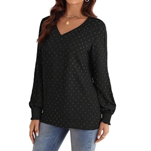 GAMISS Long Sleeve Top for Women Swiss Dot Shirt V Neck Knit Blouse Basic Shirt Black, XXL